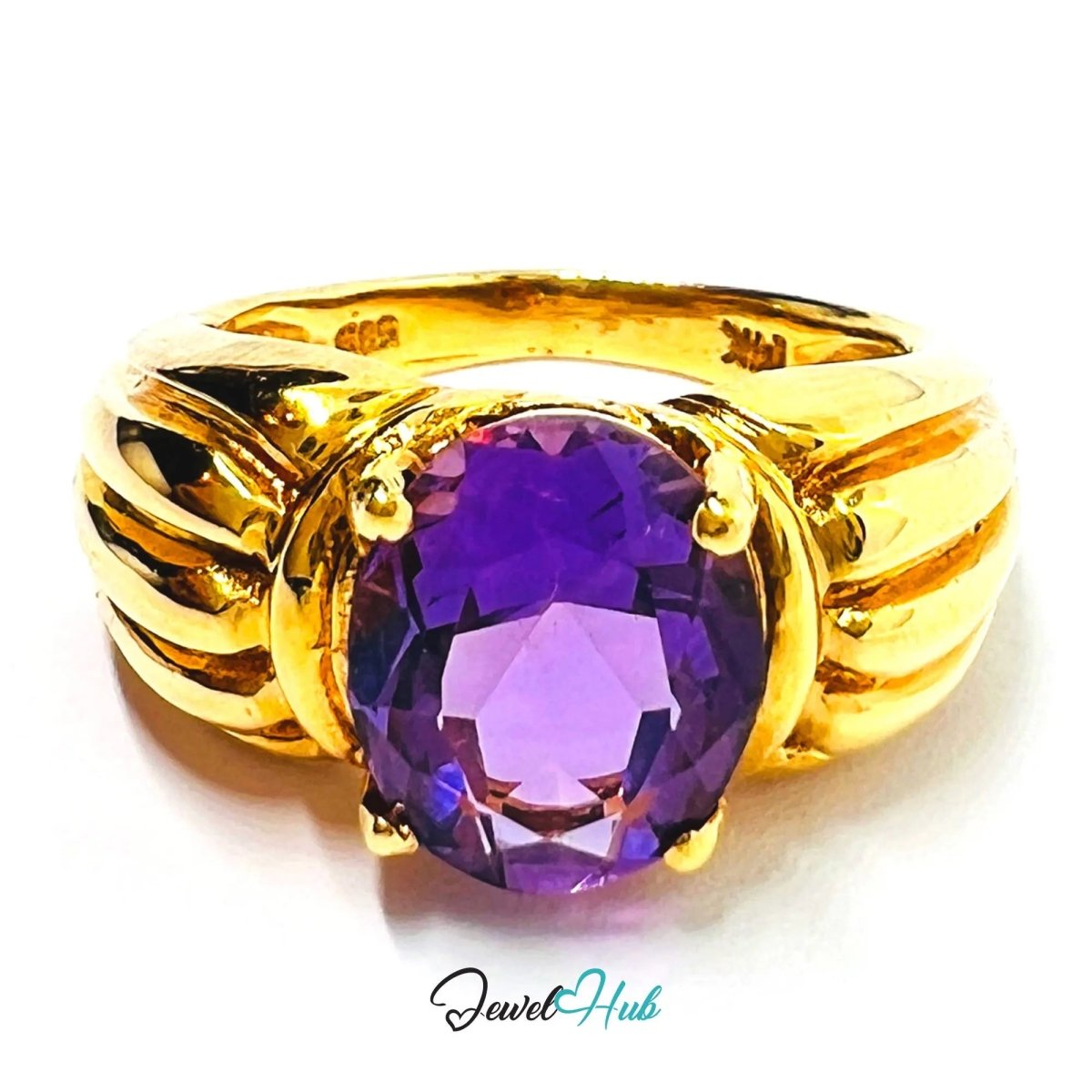 14k Gold Oval Cut Amethyst Ring – Hallmarked | 2.8 Carats | UK M½ US 6.5 | Bold gold & Regal violet - JewelHub.co.uk