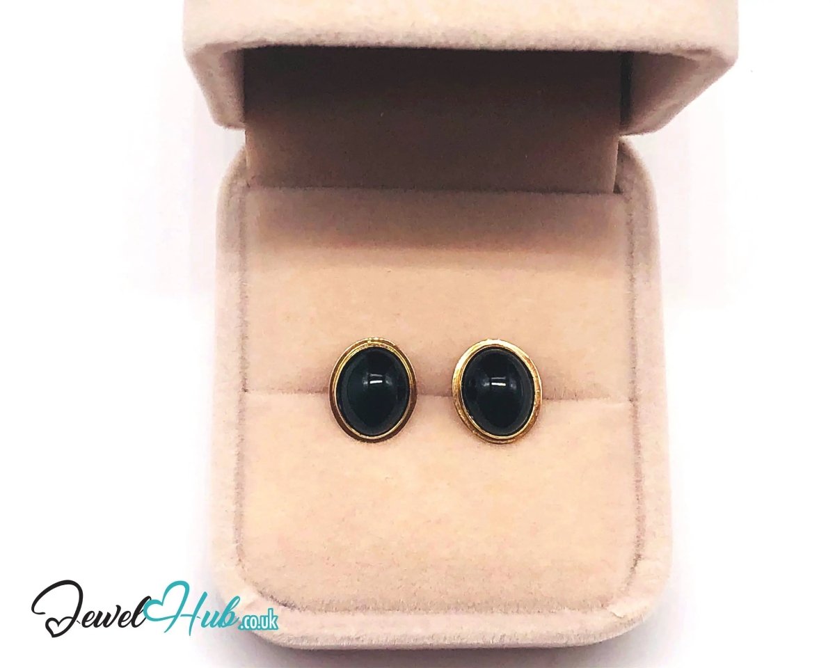 14K Gold Oval Onyx Stud Earrings – Quiet Confidence in Classic Form - JewelHub.co.uk