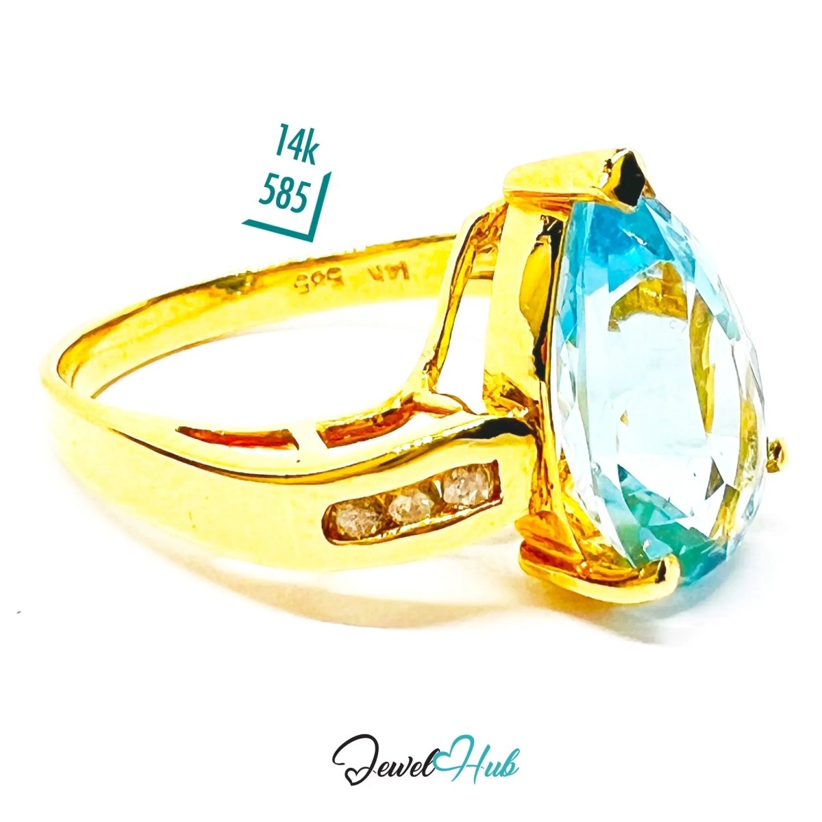 14k Gold Pear - Cut Topaz Diamond Ring – Hallmarked (585) Centre Stone 4 - carat | UK K US 5.5 | Statement Blue Collection - JewelHub.co.uk