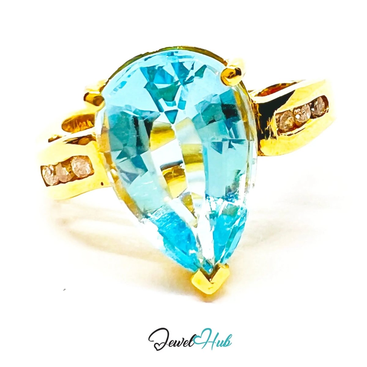 14k Gold Pear - Cut Topaz Diamond Ring – Hallmarked (585) Centre Stone 4 - carat | UK K US 5.5 | Statement Blue Collection - JewelHub.co.uk