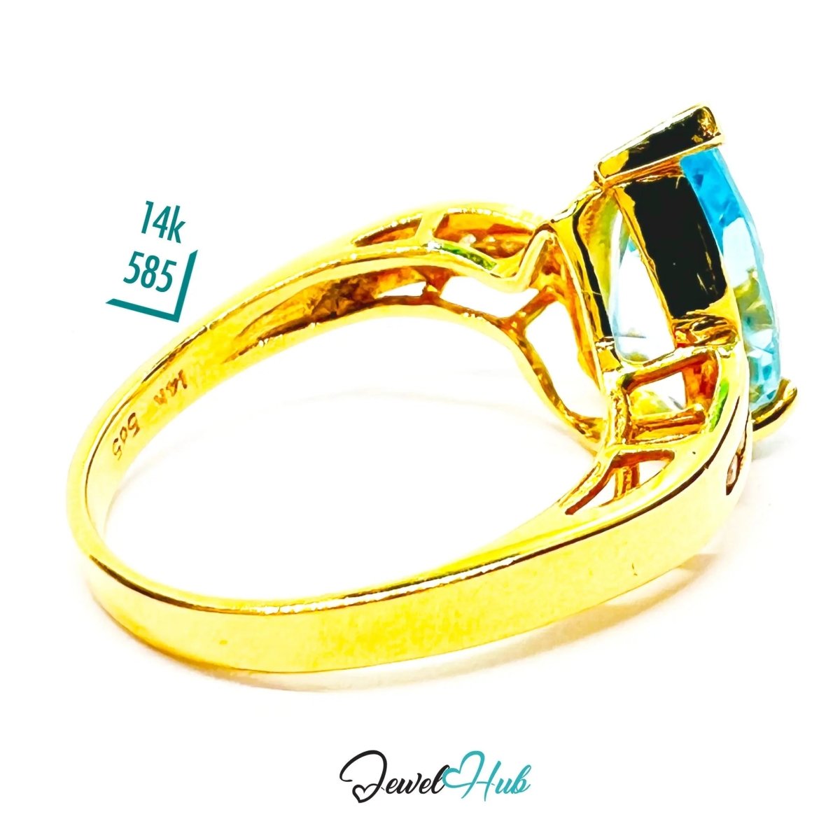 14k Gold Pear - Cut Topaz Diamond Ring – Hallmarked (585) Centre Stone 4 - carat | UK K US 5.5 | Statement Blue Collection - JewelHub.co.uk