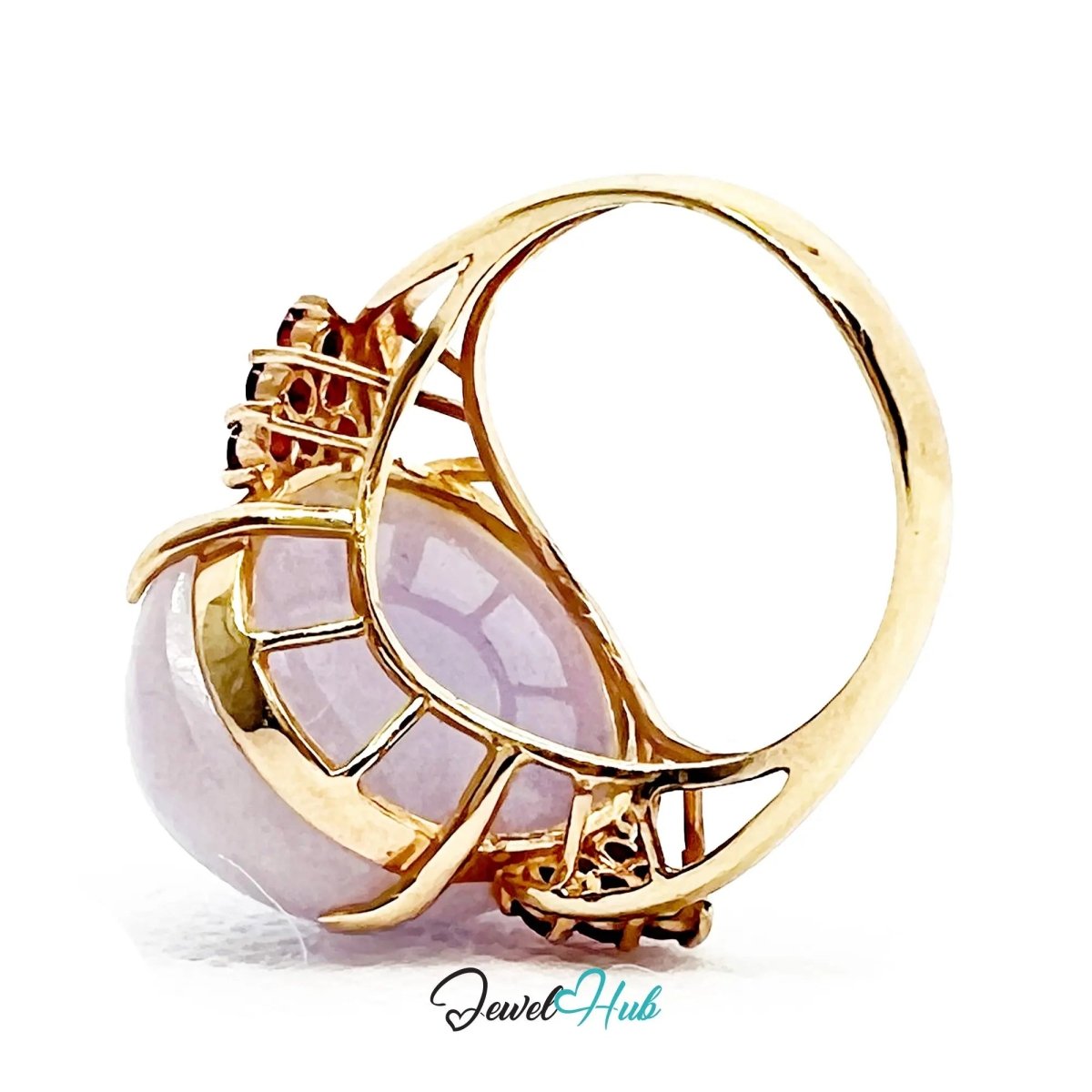14K Gold Purple Cabochon Jade & Ruby Ring - Hallmarked (585) | UK O US 7.5 | Sovereignty in Bloom - JewelHub.co.uk