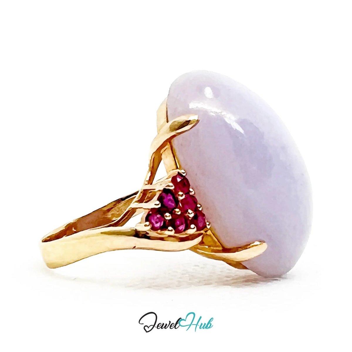 14K Gold Purple Cabochon Jade & Ruby Ring - Hallmarked (585) | UK O US 7.5 | Sovereignty in Bloom - JewelHub.co.uk