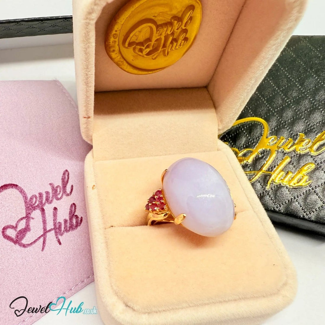 14K Gold Purple Cabochon Jade & Ruby Ring - Hallmarked (585) | UK O US 7.5 | Sovereignty in Bloom - JewelHub.co.uk