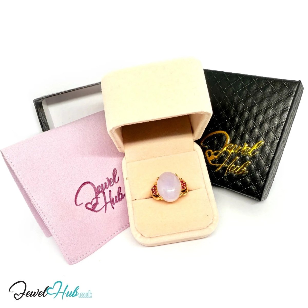 14K Gold Purple Cabochon Jade & Ruby Ring - Hallmarked (585) | UK O US 7.5 | Sovereignty in Bloom - JewelHub.co.uk