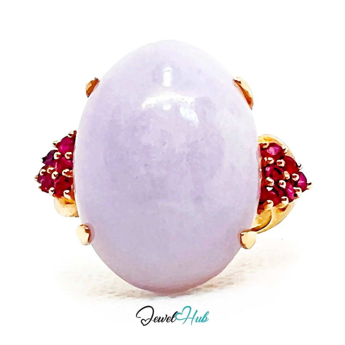 14K Gold Purple Cabochon Jade & Ruby Ring - Hallmarked (585) | UK O US 7.5 | Sovereignty in Bloom - JewelHub.co.uk