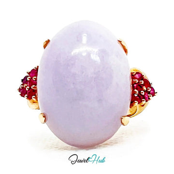 14K Gold Purple Cabochon Jade & Ruby Ring - Hallmarked (585) | UK O US 7.5 | Sovereignty in Bloom - JewelHub.co.uk