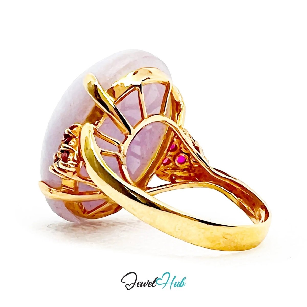 14K Gold Purple Cabochon Jade & Ruby Ring - Hallmarked (585) | UK O US 7.5 | Sovereignty in Bloom - JewelHub.co.uk