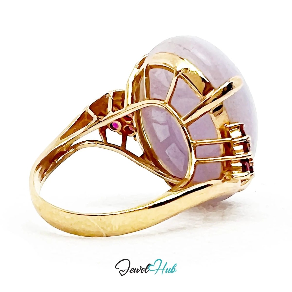 14K Gold Purple Cabochon Jade & Ruby Ring - Hallmarked (585) | UK O US 7.5 | Sovereignty in Bloom - JewelHub.co.uk
