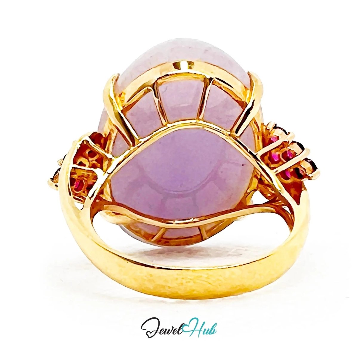 14K Gold Purple Cabochon Jade & Ruby Ring - Hallmarked (585) | UK O US 7.5 | Sovereignty in Bloom - JewelHub.co.uk