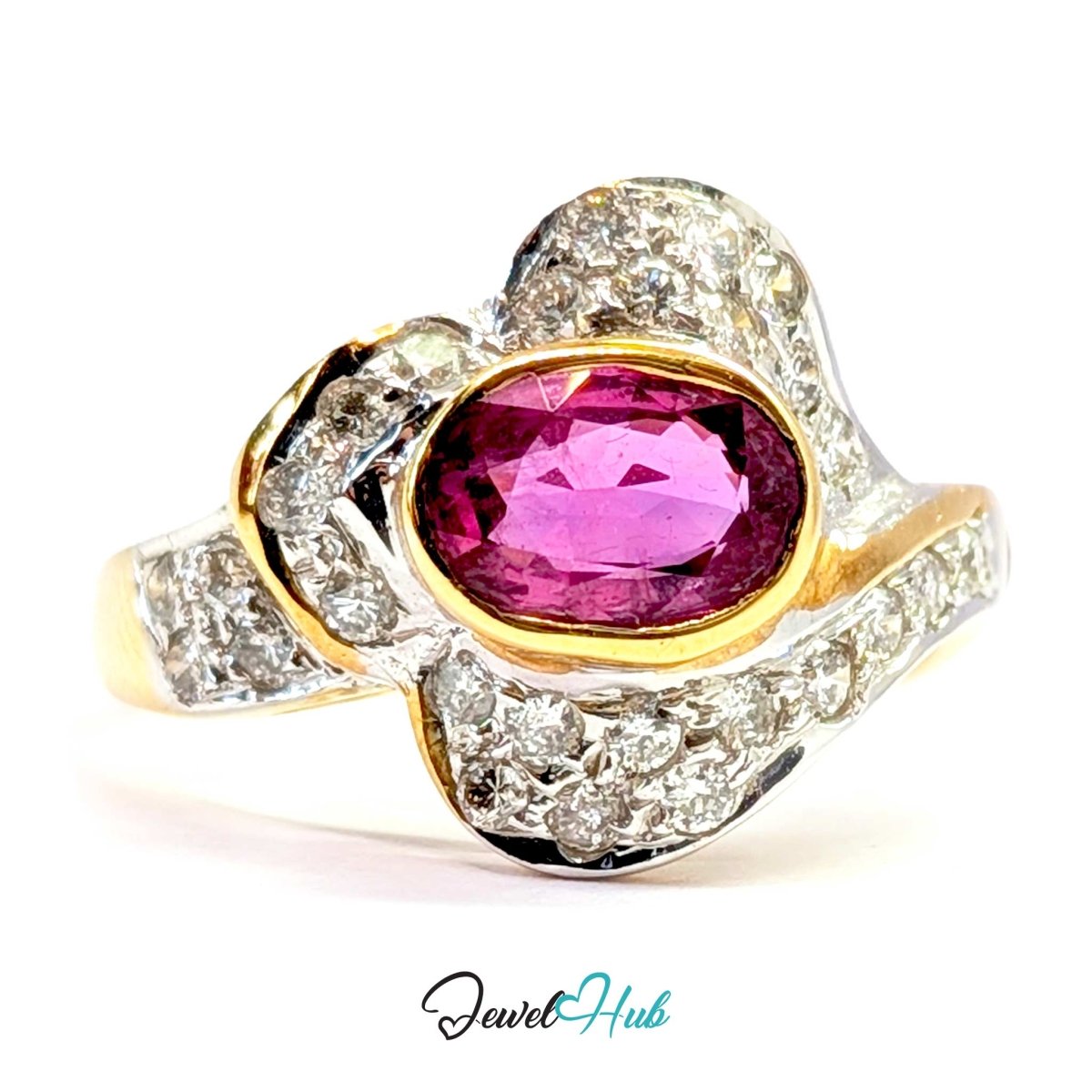 A solid 14k gold and white gold ring featuring a large oval-cut pink gemstone in the center, surrounded by pavé-set clear stones and accented with yellow gold details, shown on a white background with a 'JewelHub' watermark.