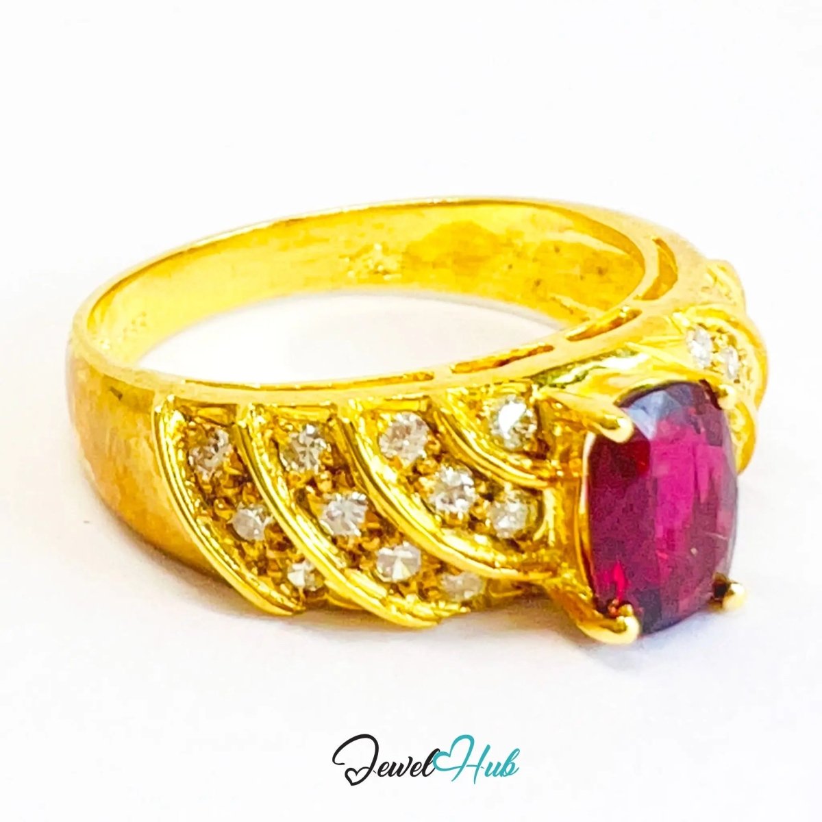 14K Gold Ruby Ring · UK P · US 8 · 1.29ct Gemstone · Wave Diamond Band - JewelHub.co.uk
