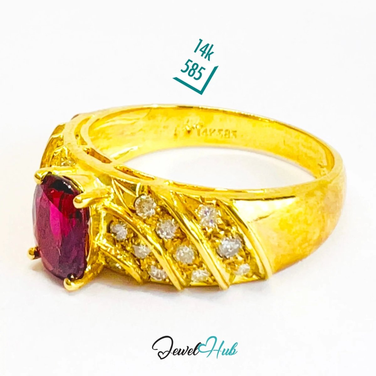 14K Gold Ruby Ring · UK P · US 8 · 1.29ct Gemstone · Wave Diamond Band - JewelHub.co.uk
