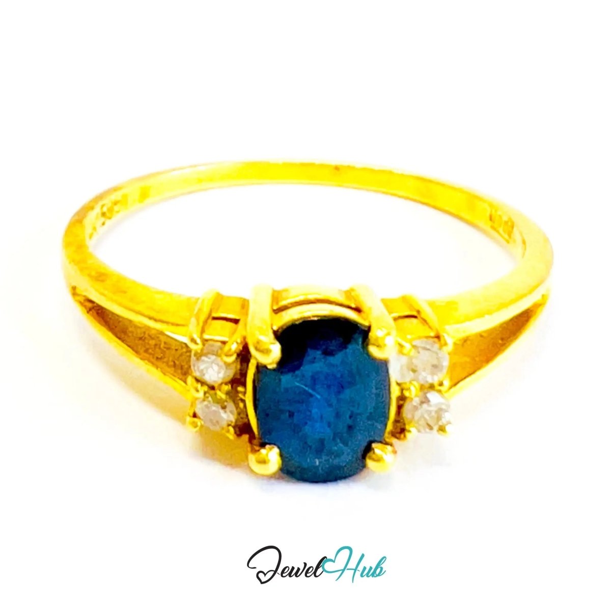 14K Gold Sapphire Diamond Ring · 0.6ct Oval Sapphire · UK N · US 7 · Trio - Set Split Shank - JewelHub.co.uk