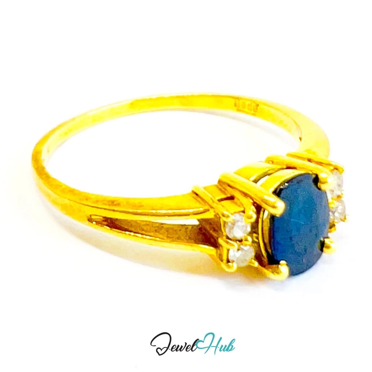 14K Gold Sapphire Diamond Ring · 0.6ct Oval Sapphire · UK N · US 7 · Trio - Set Split Shank - JewelHub.co.uk