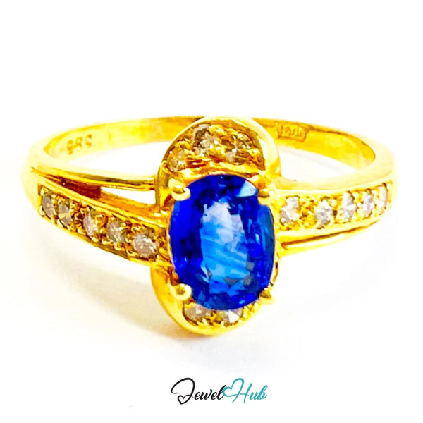 14K Gold Sapphire Diamond Ring · 0.75ct Oval Sapphire · UK Q · US 8.25 · Minimalist Halo Band - JewelHub.co.uk