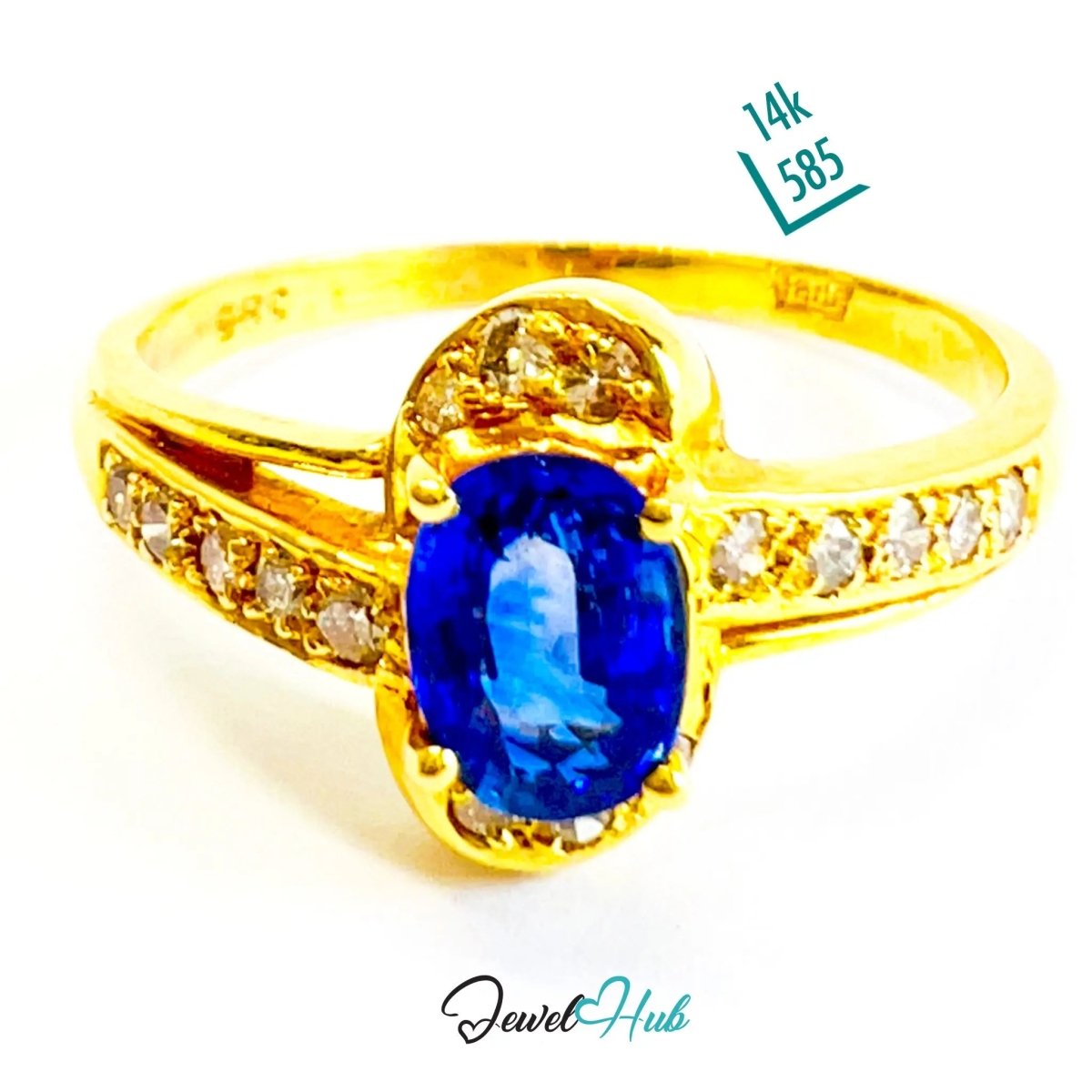 14K Gold Sapphire Diamond Ring · 0.75ct Oval Sapphire · UK Q · US 8.25 · Minimalist Halo Band - JewelHub.co.uk