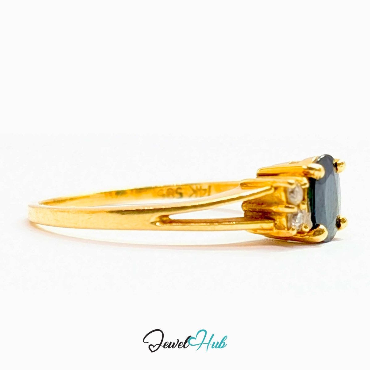 A 14k yellow gold ring with a rectangular dark gray gemstone, shown in profile against a white background with a 'JewelHub' watermark at the bottom.