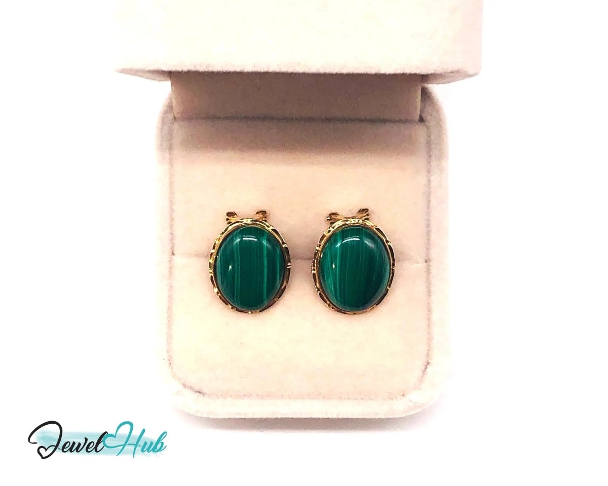 14k Gold Stud Earrings (585 hallmarked) with Green Malachite Oval Shape - JewelHub.co.uk