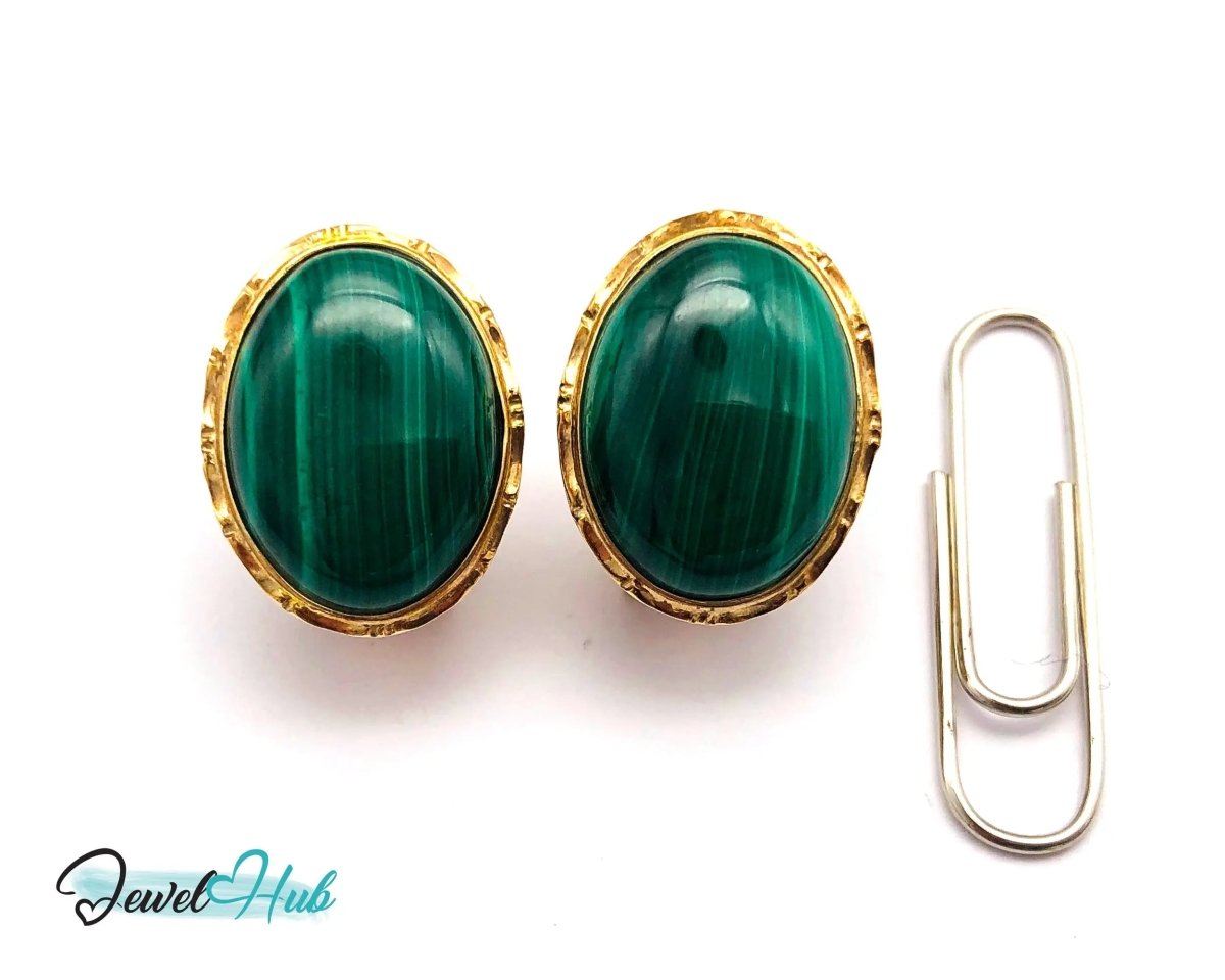 14k Gold Stud Earrings (585 hallmarked) with Green Malachite Oval Shape - JewelHub.co.uk