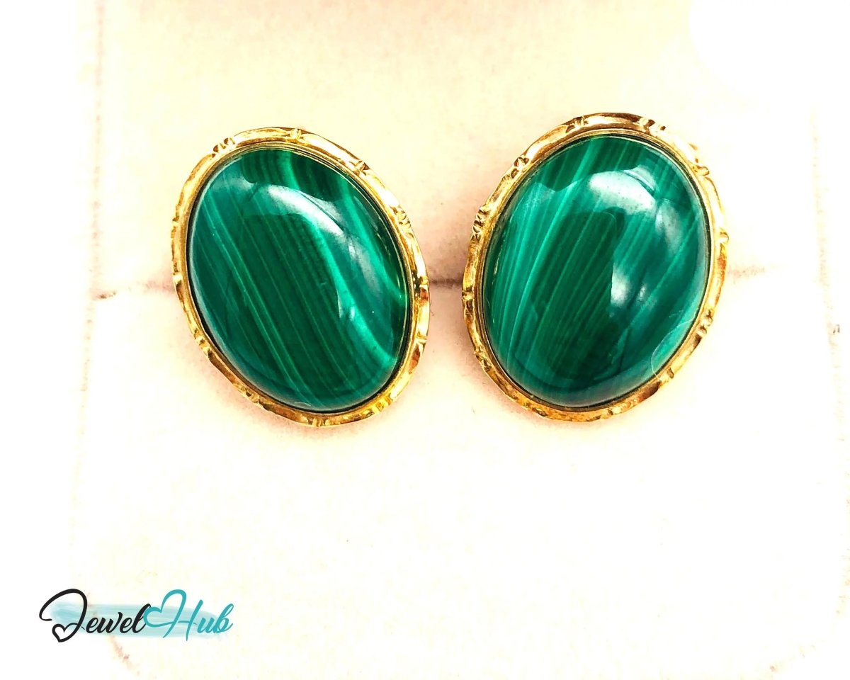 14k Gold Stud Earrings (585 hallmarked) with Green Malachite Oval Shape - JewelHub.co.uk