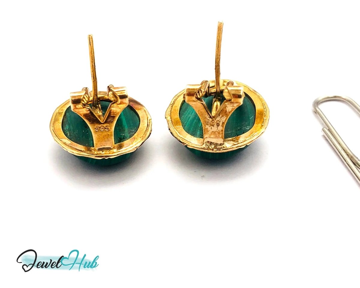 14k Gold Stud Earrings (585 hallmarked) with Green Malachite Oval Shape - JewelHub.co.uk