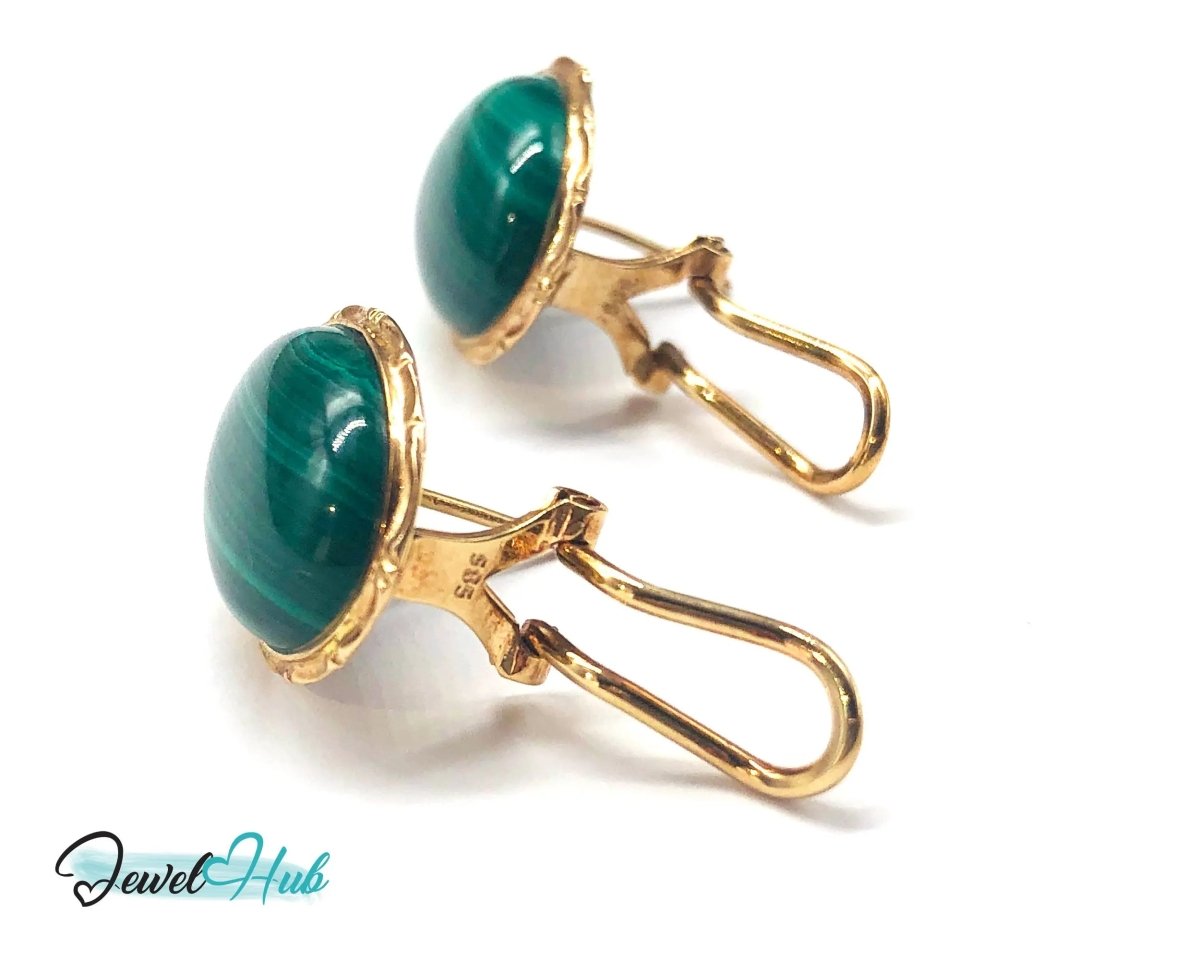14k Gold Stud Earrings (585 hallmarked) with Green Malachite Oval Shape - JewelHub.co.uk