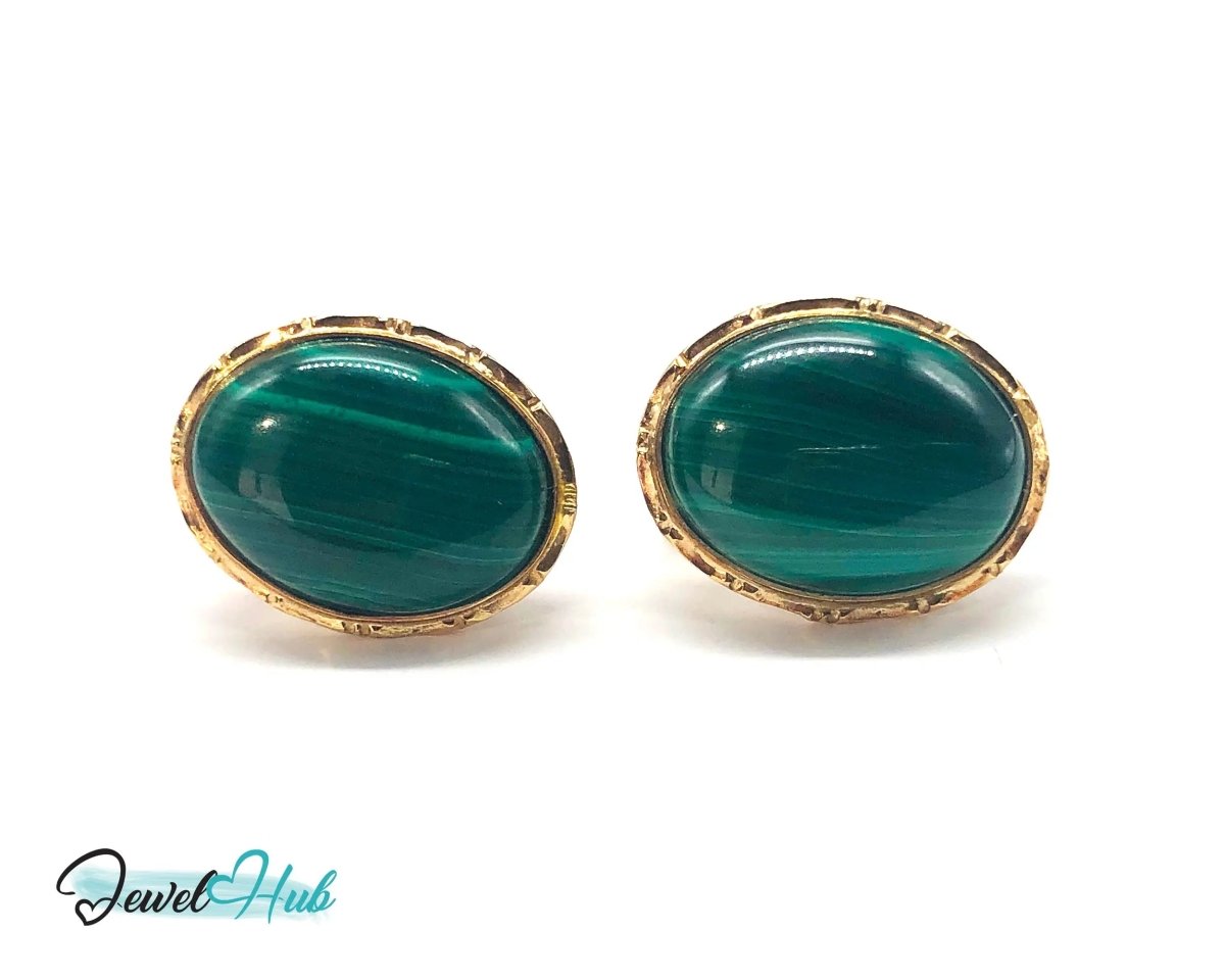 14k Gold Stud Earrings (585 hallmarked) with Green Malachite Oval Shape - JewelHub.co.uk