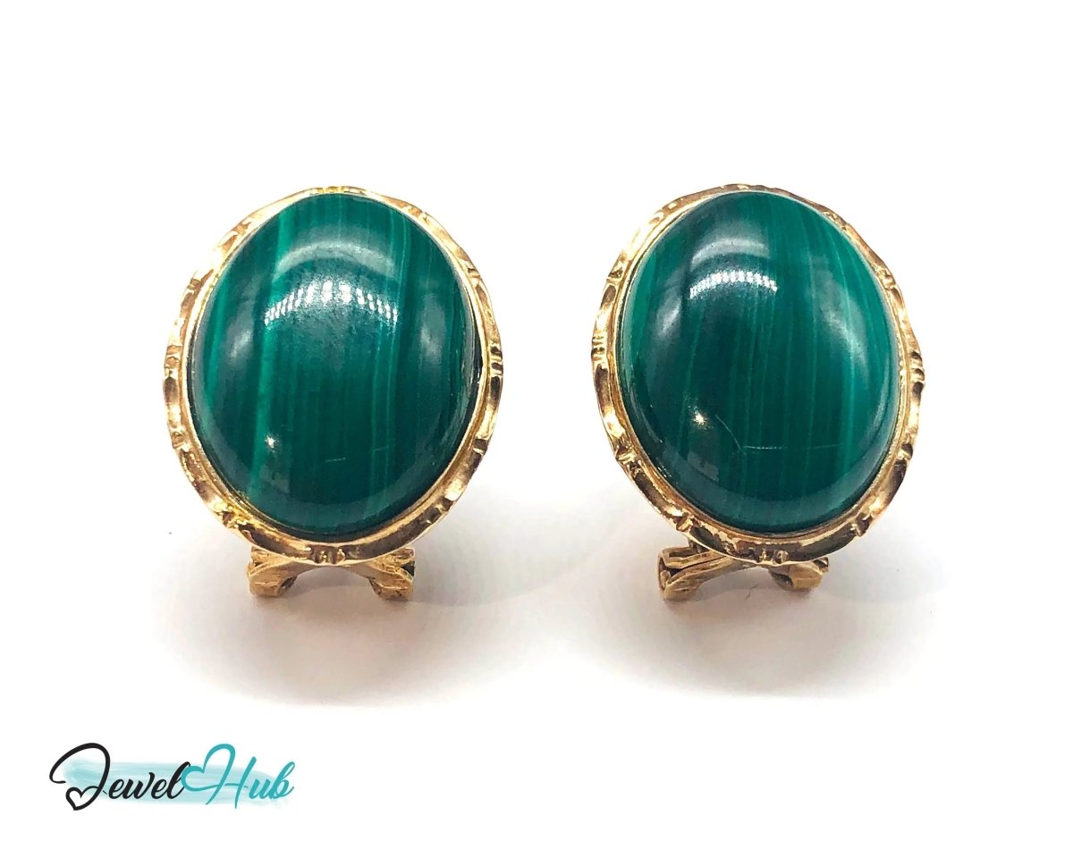 14k Gold Stud Earrings (585 hallmarked) with Green Malachite Oval Shape - JewelHub.co.uk