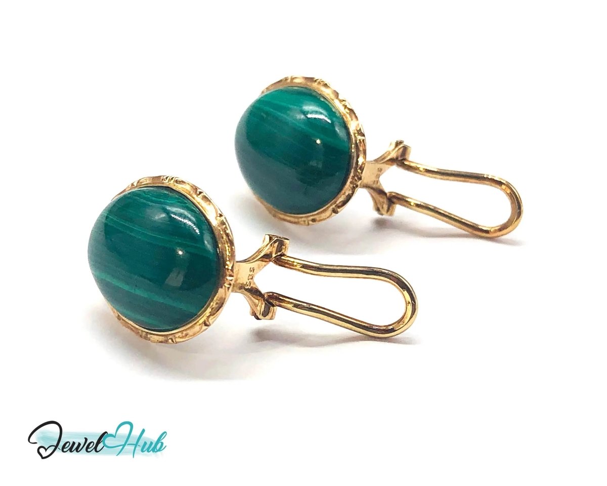 14k Gold Stud Earrings (585 hallmarked) with Green Malachite Oval Shape - JewelHub.co.uk