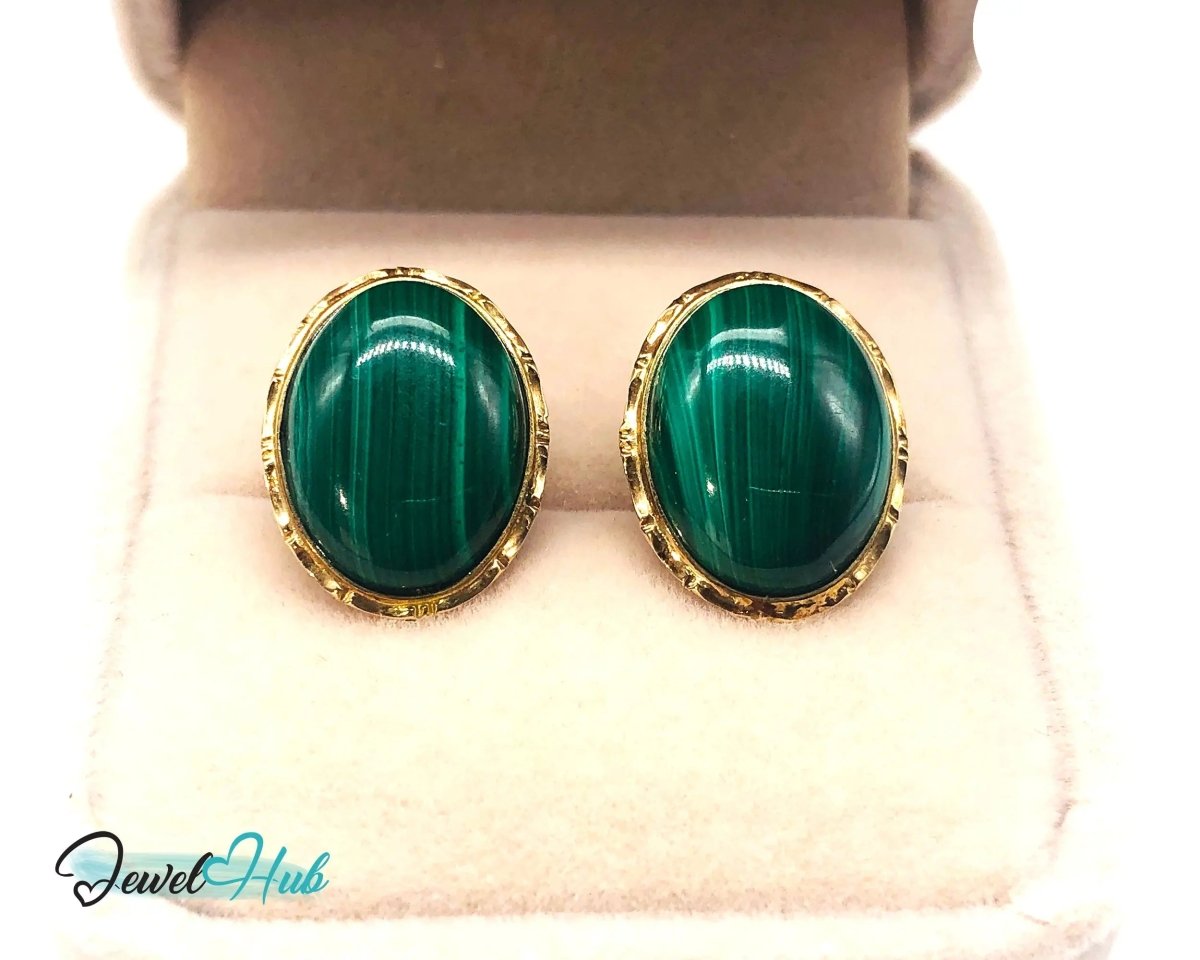 14k Gold Stud Earrings (585 hallmarked) with Green Malachite Oval Shape - JewelHub.co.uk