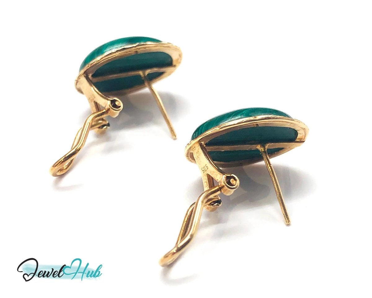 14k Gold Stud Earrings (585 hallmarked) with Green Malachite Oval Shape - JewelHub.co.uk