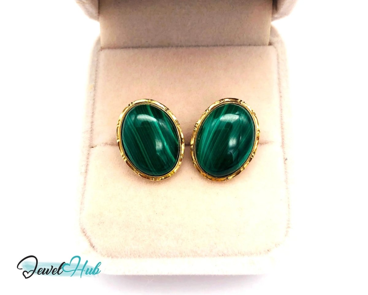 14k Gold Stud Earrings (585 hallmarked) with Green Malachite Oval Shape - JewelHub.co.uk