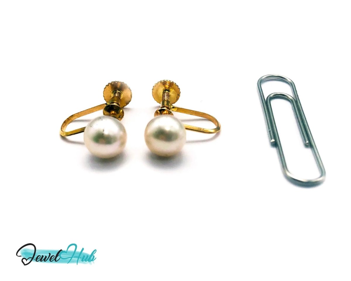 14k Solid Gold 7mm Cultured Pearl Clip - On Earrings - No Piercing Needed - JewelHub.co.uk