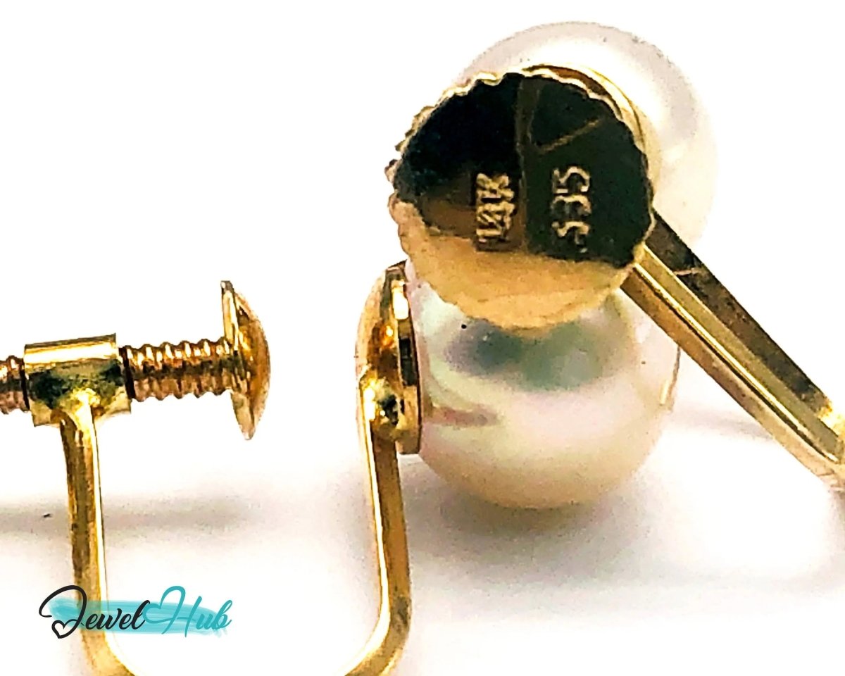 14k Solid Gold 7mm Cultured Pearl Clip - On Earrings - No Piercing Needed - JewelHub.co.uk