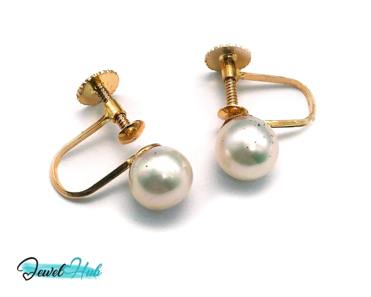 14k Solid Gold 7mm Cultured Pearl Clip - On Earrings - No Piercing Needed - JewelHub.co.uk