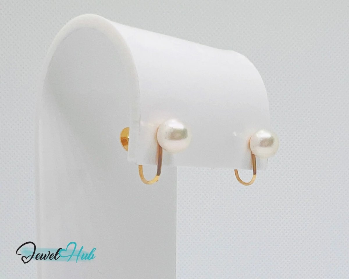 14k Solid Gold 7mm Cultured Pearl Clip - On Earrings - No Piercing Needed - JewelHub.co.uk
