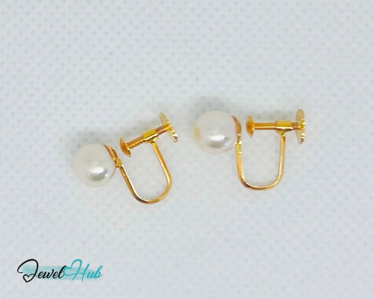 14k Solid Gold 7mm Cultured Pearl Clip - On Earrings - No Piercing Needed - JewelHub.co.uk