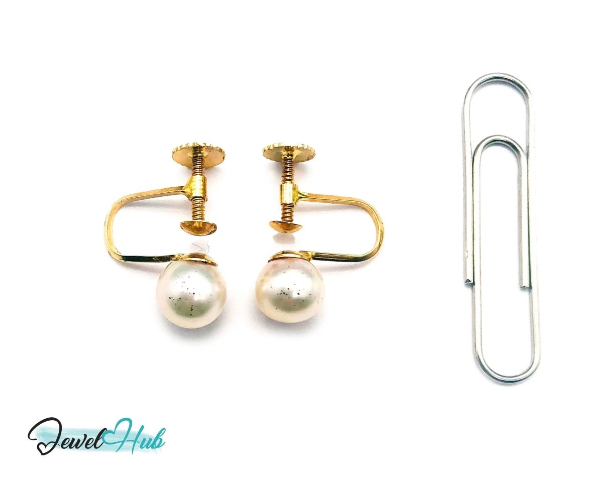 14k Solid Gold 7mm Cultured Pearl Clip - On Earrings - No Piercing Needed - JewelHub.co.uk