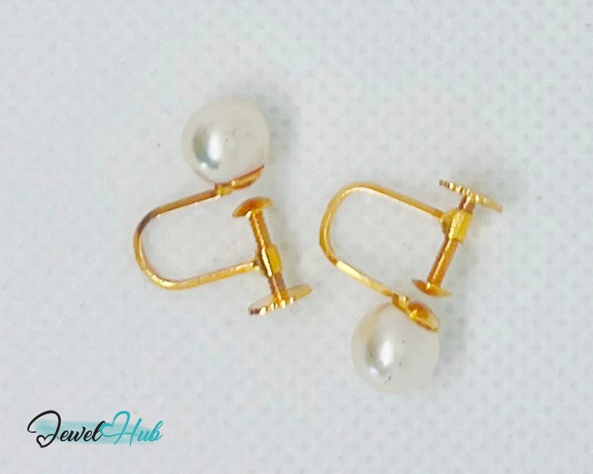14k Solid Gold 7mm Cultured Pearl Clip - On Earrings - No Piercing Needed - JewelHub.co.uk