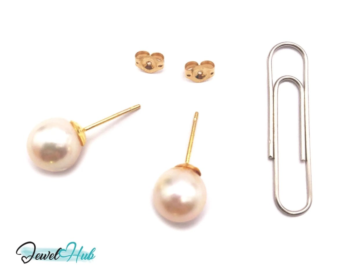 14K Solid Gold Blush Pearl Stud Earrings – 9mm Premium Freshwater Pearls - JewelHub.co.uk