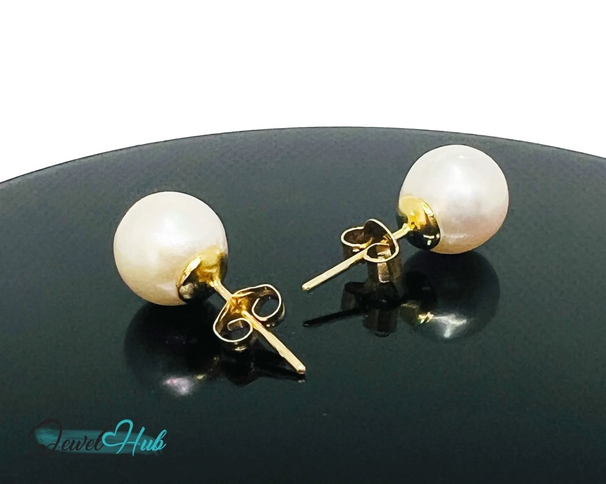 14K Solid Gold Blush Pearl Stud Earrings – 9mm Premium Freshwater Pearls - JewelHub.co.uk
