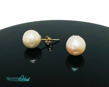 14K Solid Gold Blush Pearl Stud Earrings – 9mm Premium Freshwater Pearls - JewelHub.co.uk