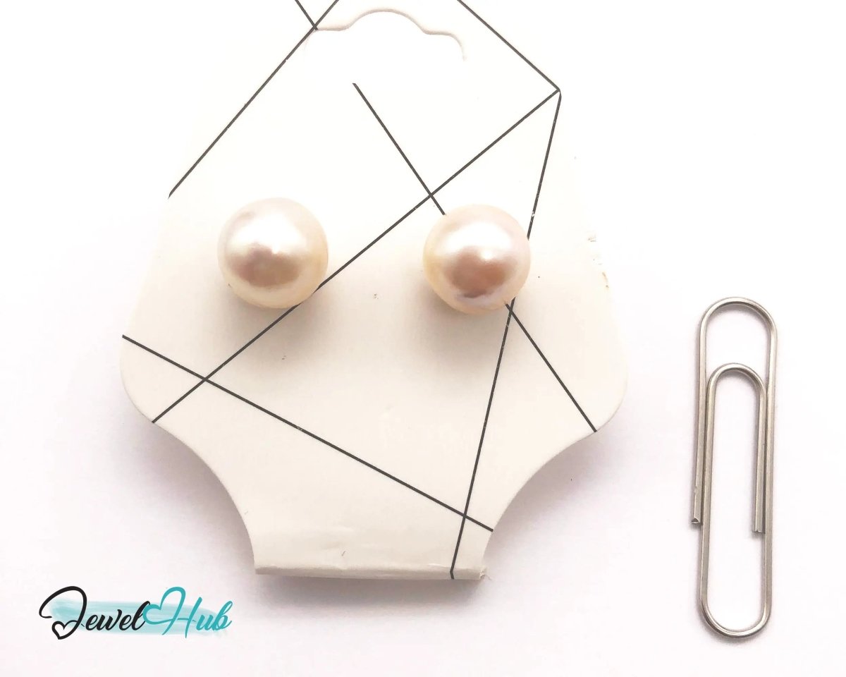 14K Solid Gold Blush Pearl Stud Earrings – 9mm Premium Freshwater Pearls - JewelHub.co.uk