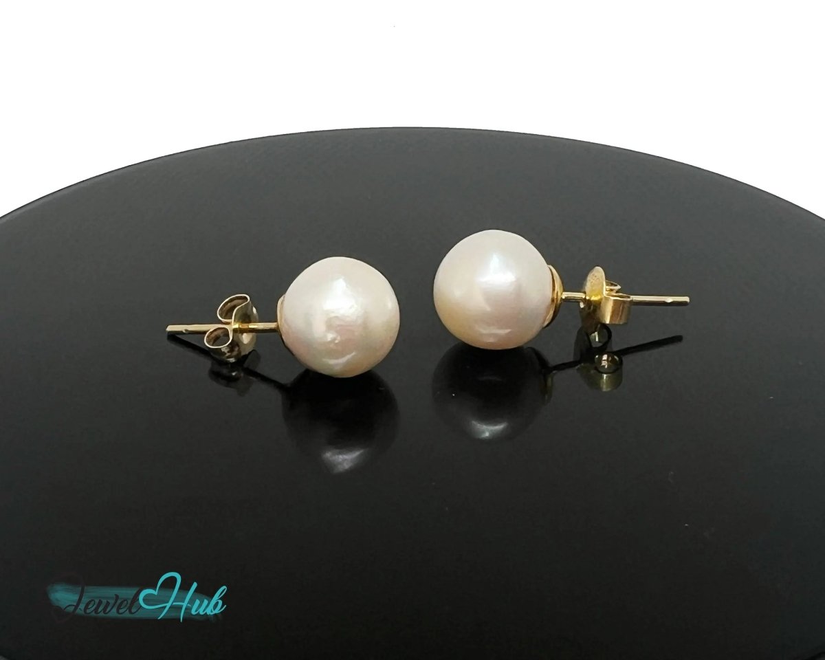 14K Solid Gold Blush Pearl Stud Earrings – 9mm Premium Freshwater Pearls - JewelHub.co.uk
