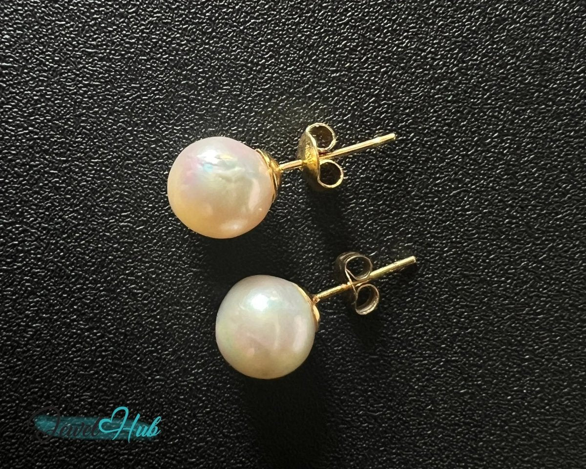 14K Solid Gold Blush Pearl Stud Earrings – 9mm Premium Freshwater Pearls - JewelHub.co.uk