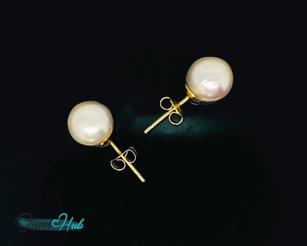 14K Solid Gold Blush Pearl Stud Earrings – 9mm Premium Freshwater Pearls - JewelHub.co.uk