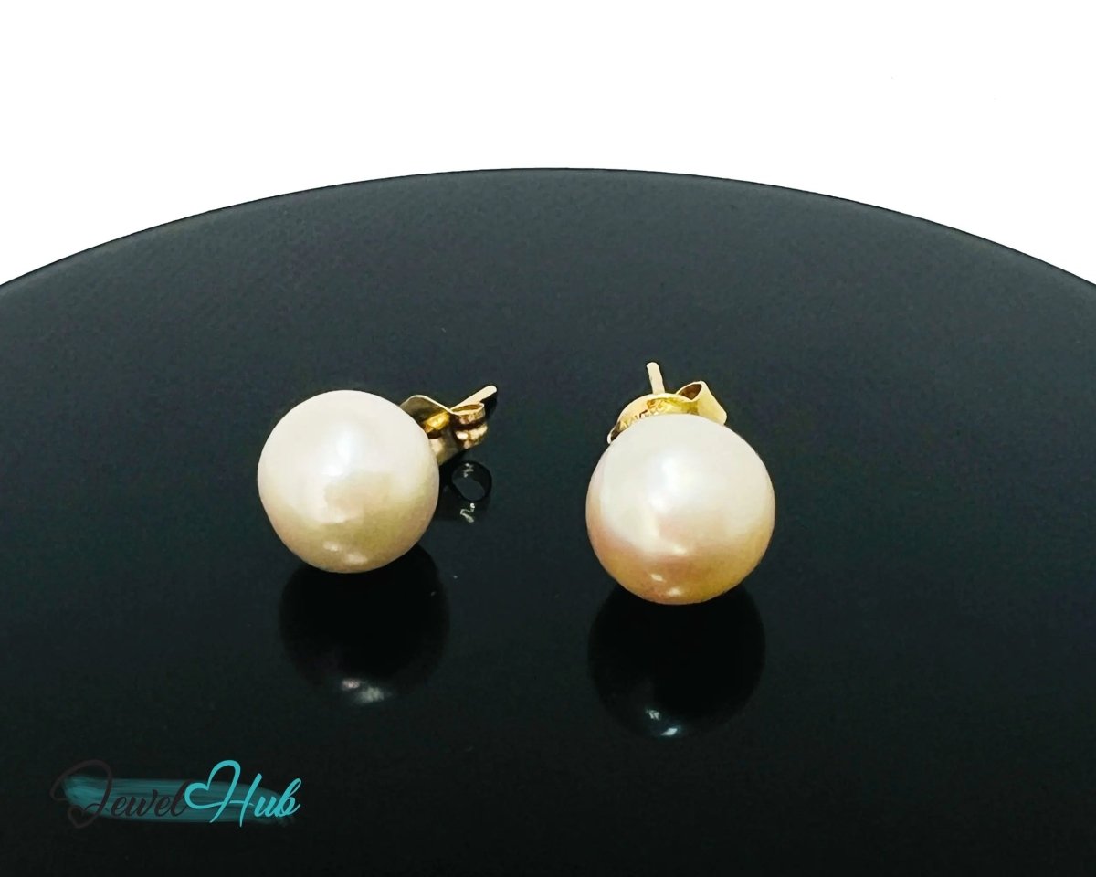 14K Solid Gold Blush Pearl Stud Earrings – 9mm Premium Freshwater Pearls - JewelHub.co.uk