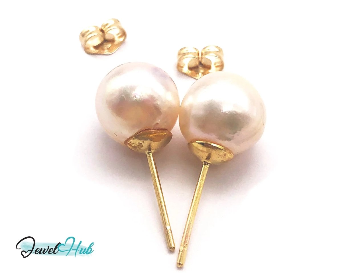 14K Solid Gold Blush Pearl Stud Earrings – 9mm Premium Freshwater Pearls - JewelHub.co.uk