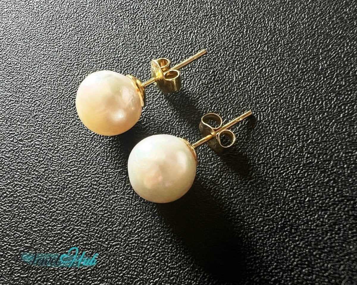 14K Solid Gold Blush Pearl Stud Earrings – 9mm Premium Freshwater Pearls - JewelHub.co.uk